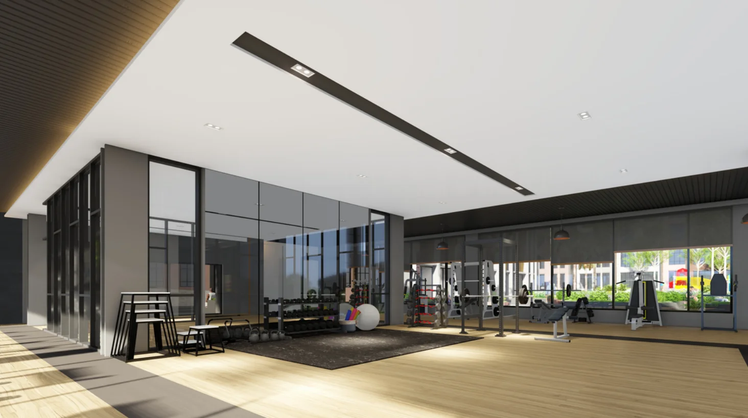 Anderson Residences gymnasium interior with full equipment